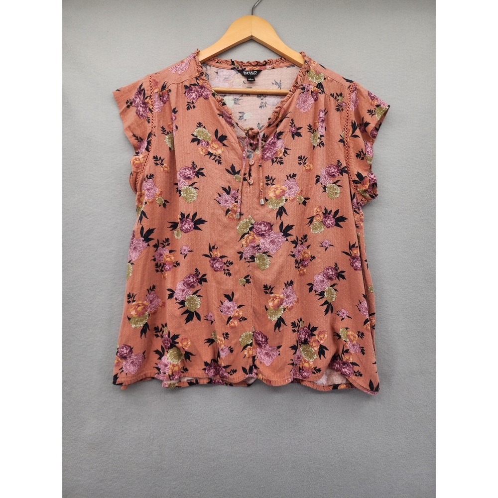 Buffalo David Bitton Floral Blouse Large Pink Boho Lace Trim Cap Sleeve Top L